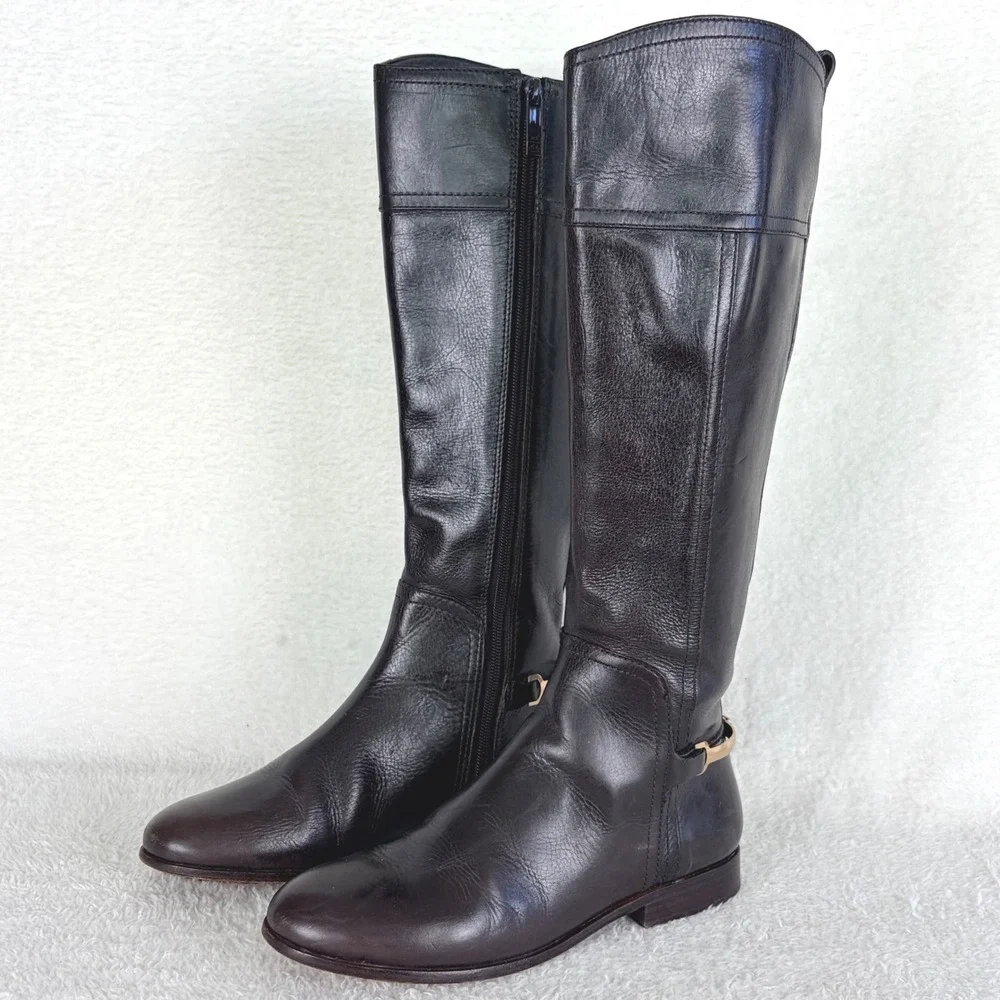 Tory Burch Jess Dark Brown Leather Knee High Riding Boots Gold‎ Horsebit 7.5M